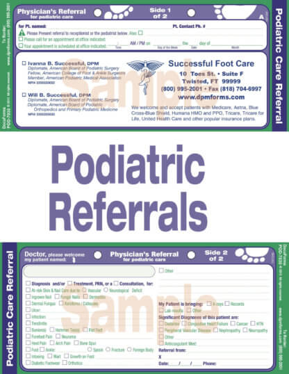 Front and Back of sample Podiatric Referral Sheet sold as pads of 20 sheets in POD-7030